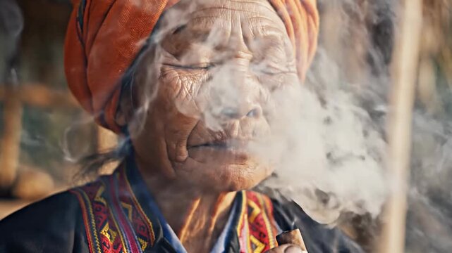 Elderly Asian Woman Smoking a Cigar with a Smile