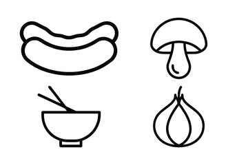 Food Icons Set Including Sausage, Mushroom, Noodles And Onion