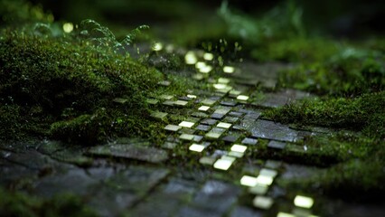Fototapeta premium Mossy Path with Glowing Tiles