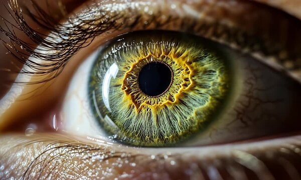 A close-up view of a human eye with a green iris and yellow ring, showcasing intricate details of the eye's structure and color