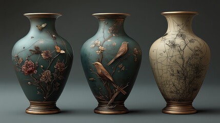 Elegant set of three decorative floral and bird patterned vases with intricate designs on a muted gray background