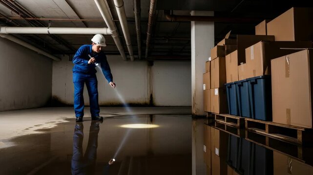 Caucasian man inspecting a flood in a dark warehouse basement with a flashlight. Plumbing inspection and water damage assessment concept.