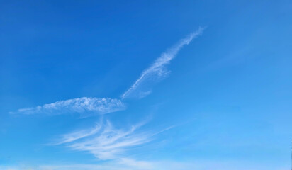 A springtime blue sky with light white clouds spread out like wings