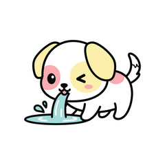 Obraz premium Cute cartoon dog washing paw in soap bubbles hand drawn illustration isolated on white background