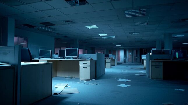 Abandoned office space at night with computer screens faintly glowing in the dark. Empty workplace scene conveying overtime aftermath, corporate isolation, and quiet modern solitude.

