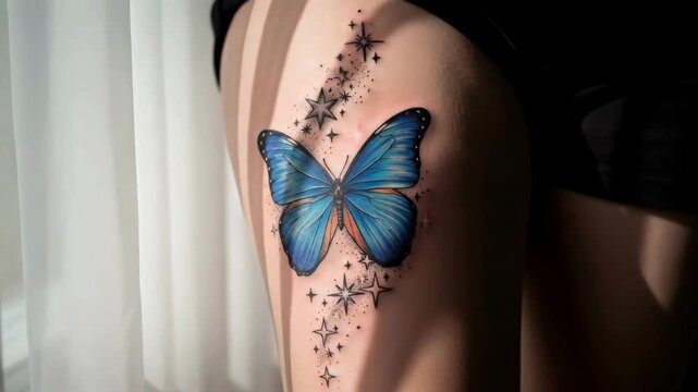 A woman leg with a vibrant blue butterfly tattoo and many small sparkling stars next to it