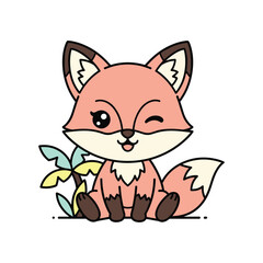 Fototapeta premium Cute cartoon fox sitting with autumn leaves illustration, adorable animal character, kid-friendly vector art