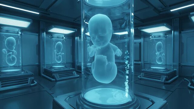 Baby clone in a futuristic laboratory. Human cryocapsule research and bioengineering concept. Future technology.