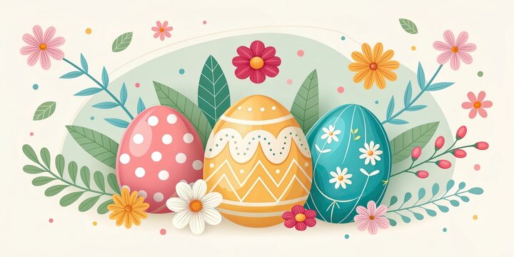 Happy Easter spring landscape with decorated eggs flowers and meadow scene.