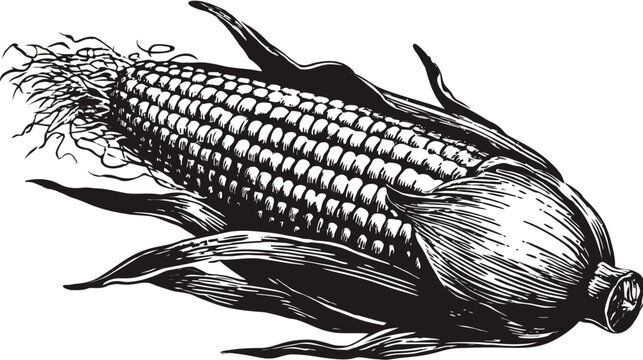 A black and white illustration of a corn cob with husk and leaves