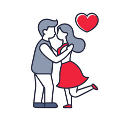Loving couple embracing, celebrating romance and affection. A woman in high heels hugs a man, with red hearts floating