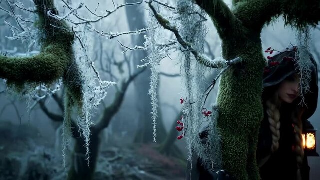 Woman witch or sorceress in a hooded cloak with a lantern in a mystical frozen forest. Fantasy, fairy tale, magic concept