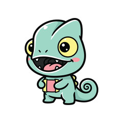 Obraz premium Cute green cartoon monster character smiling holding book isolated on white background