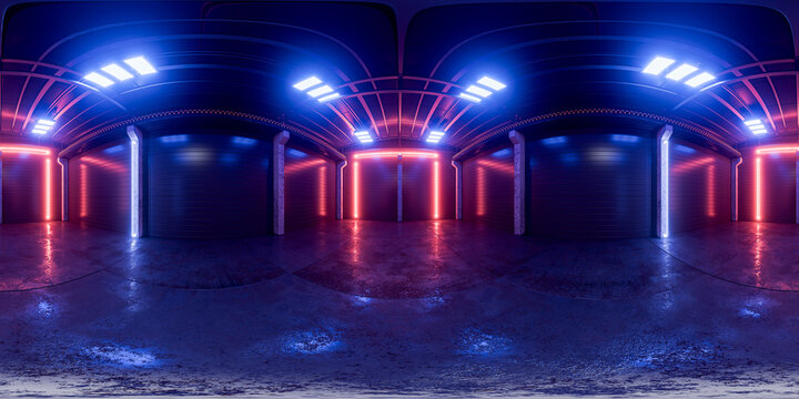 Spherical HDRI panorama of the warehouse interior. Equirectangular panorama of a warehouse with red neon lighting for your project. Virtual, sci-fi showroom of a production facility. 3D render.