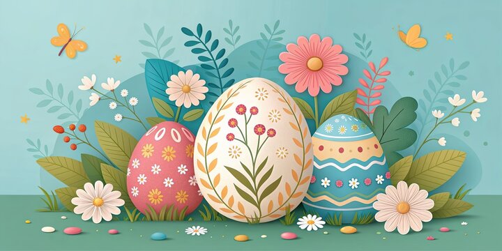Happy Easter spring landscape with decorated eggs flowers and meadow scene.