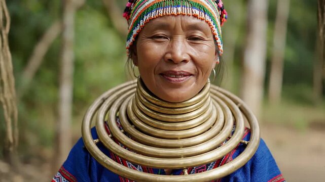 Elderly Kayan woman with traditional brass neck rings smiles gently in a forest setting.