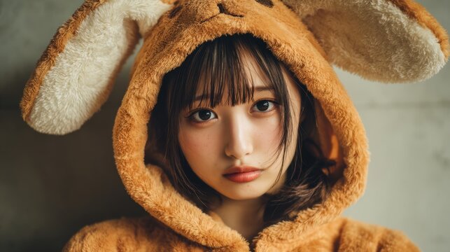 Asian young woman in cozy bunny costume gazing intently.