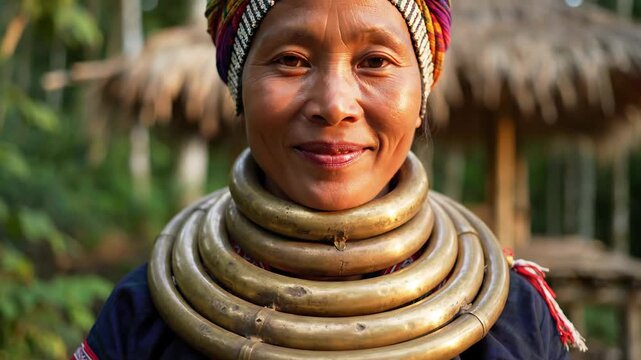 Elderly Kayan woman with brass neck rings smiles in a village setting