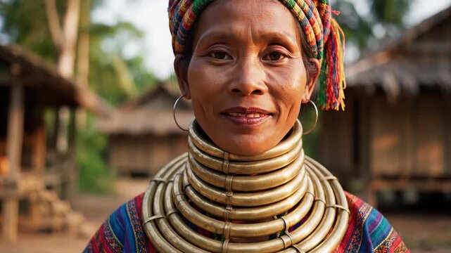 Elderly Kayan woman with neck rings smiling in traditional village