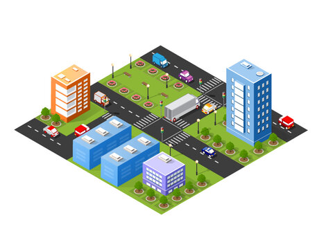 Isometric urban megalopolis top view of the city infrastructure town, street modern, real structure, architecture 3d illustration elements different buildings