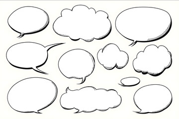 set of comicstyle speech bubbles on white background clean white fill with smooth black outline soft oval shapes some with curved tails pointing outward others without