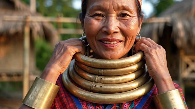 Elderly Kayan woman with traditional neck rings and arm cuffs smiles warmly.