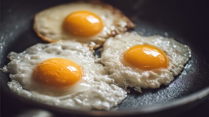 Three Sunny Side Up Fried Eggs in a Black Skillet with Golden Yolks and Crispy Whites Cooking Breakfast Meal Close Up Shot