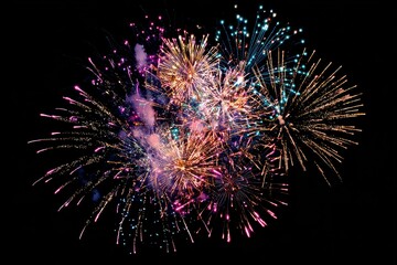 Spectacular Fireworks Display Against a Night Sky with Vibrant Red Gold and Purple Bursts Illuminating the Darkness with Trails of Smoke and Sparkles