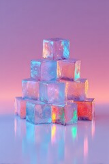 Stacked Ice Cubes Iridescent Pyramid Reflecting Light Pink Purple Orange Background Abstract Design