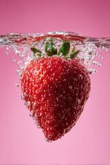 Strawberry Splashing into Clear Water with Air Bubbles Against Light Pink Background High Speed Photography of Single Red Strawberry