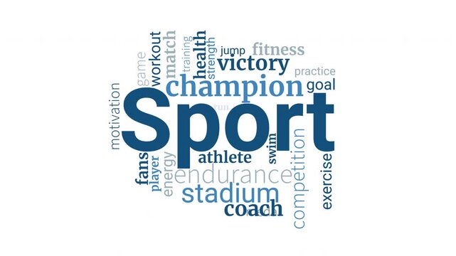Sport animated word cloud. Text animation. Kinetic Typography. Transparency embedded in video.