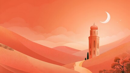 Warm Orange Pixel Art Landscape Featuring a Tower and Crescent Moon Against Rolling Hills and Twinkling Lights in a Digital Fantasy Setting