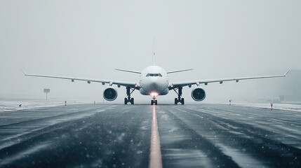 White Passenger Plane on Wet Runway with Gray Sky and Snow Landscape in Winter Season