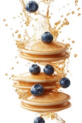 3D render flying pancakes with maple syrup splash and blueberries, isolated on white background