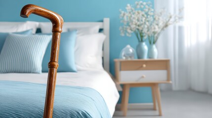Wooden Cane Leaning Against White Bed with Blue Accents Near Nightstand with Flowers and Natural Light