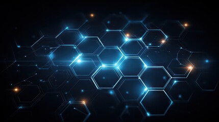 Abstract Dark Blue Hexagonal Background with Glowing Particles and Technological Network Structure Connecting Hexagons Creating a Futuristic and Dynamic Atmosphere