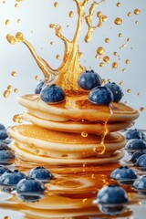 3D render flying pancakes with maple syrup splash and blueberries, isolated on white background