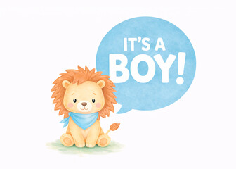 Fototapeta premium Gender reveal party poster. Cute cartoon watercolour animal sitting near text with announcement
