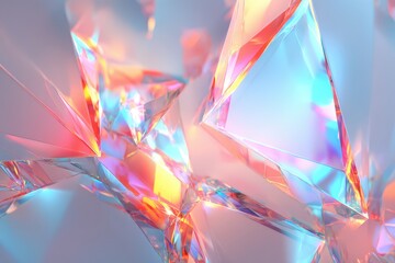 Abstract Iridescent Glass Shards with Prismatic Color Shift Light and Reflections Play in a Geometric Composition on Light Background