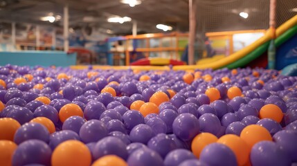Ball Pit Filled with Purple and Orange Balls in Indoor Playground Bright Lighting