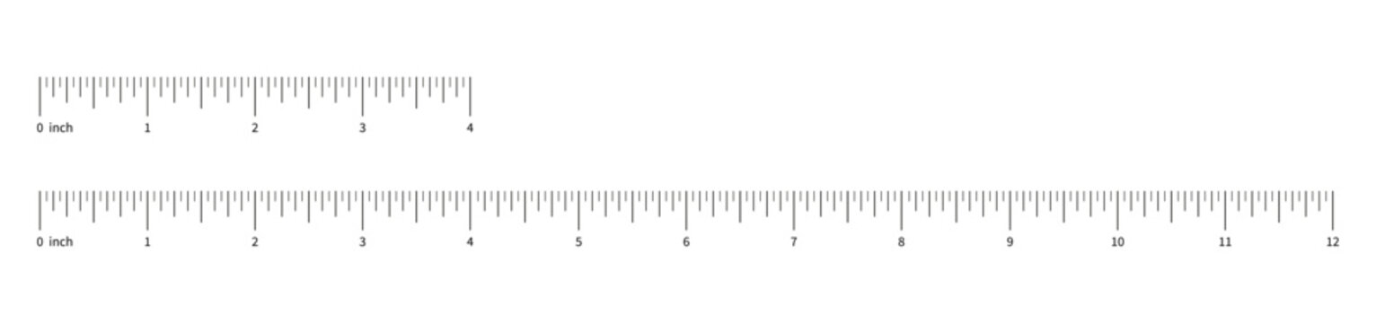Measuring chart with 4 and 12 inches with numbers, ruler scale. Sewing tool templates. Length measurement height, distance.