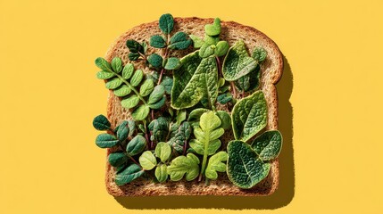 Artistic Toast Topped with Fresh Green Herbs on a Yellow Background in Bright Studio Lighting Healthy Food Concept Close Up Overhead Shot