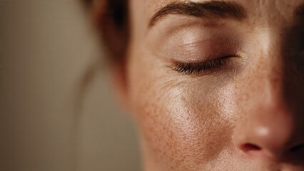 Closed Eye of a Woman with Freckled Skin