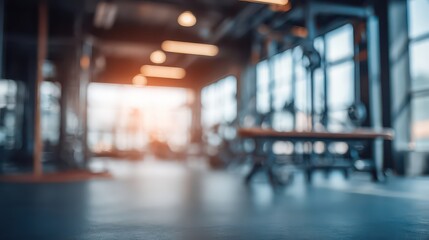 Blurred Gym Interior with Equipment Dumbbells and Weights Under Warm Lighting Wide Angle View of Fitness Center Facility Background