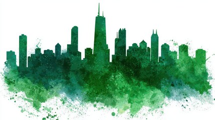 City Skyline Silhouette in Green Watercolor Style on White Background