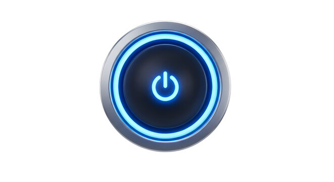 3D render of a metallic power button with a glowing blue neon ring and central power symbol, isolated on a transparent background.