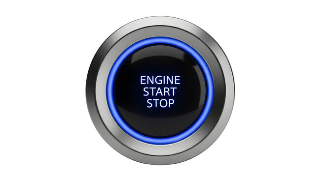 Car engine start stop button with blue glowing ring and metallic silver trim, isolated on white