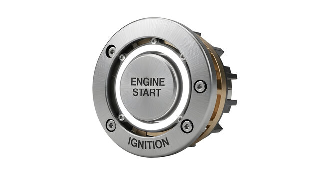 Chrome metallic engine start ignition button with text, car dashboard component, isolated on white