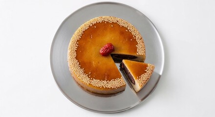 Traditional Chinese Cuisine - Delicious cheesecake with raspberry topping on silver plate  