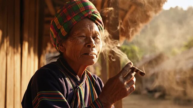 Elderly woman smoking a cigar in a traditional village, cultural portrait